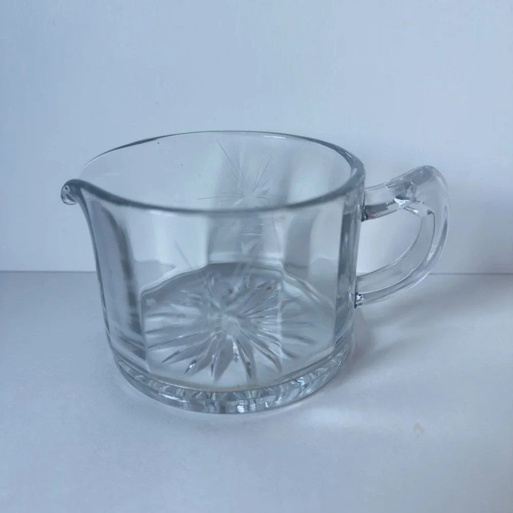Vintage Clear Etched Glass Cream and Sugar Set Frosted Grape Starburst Base